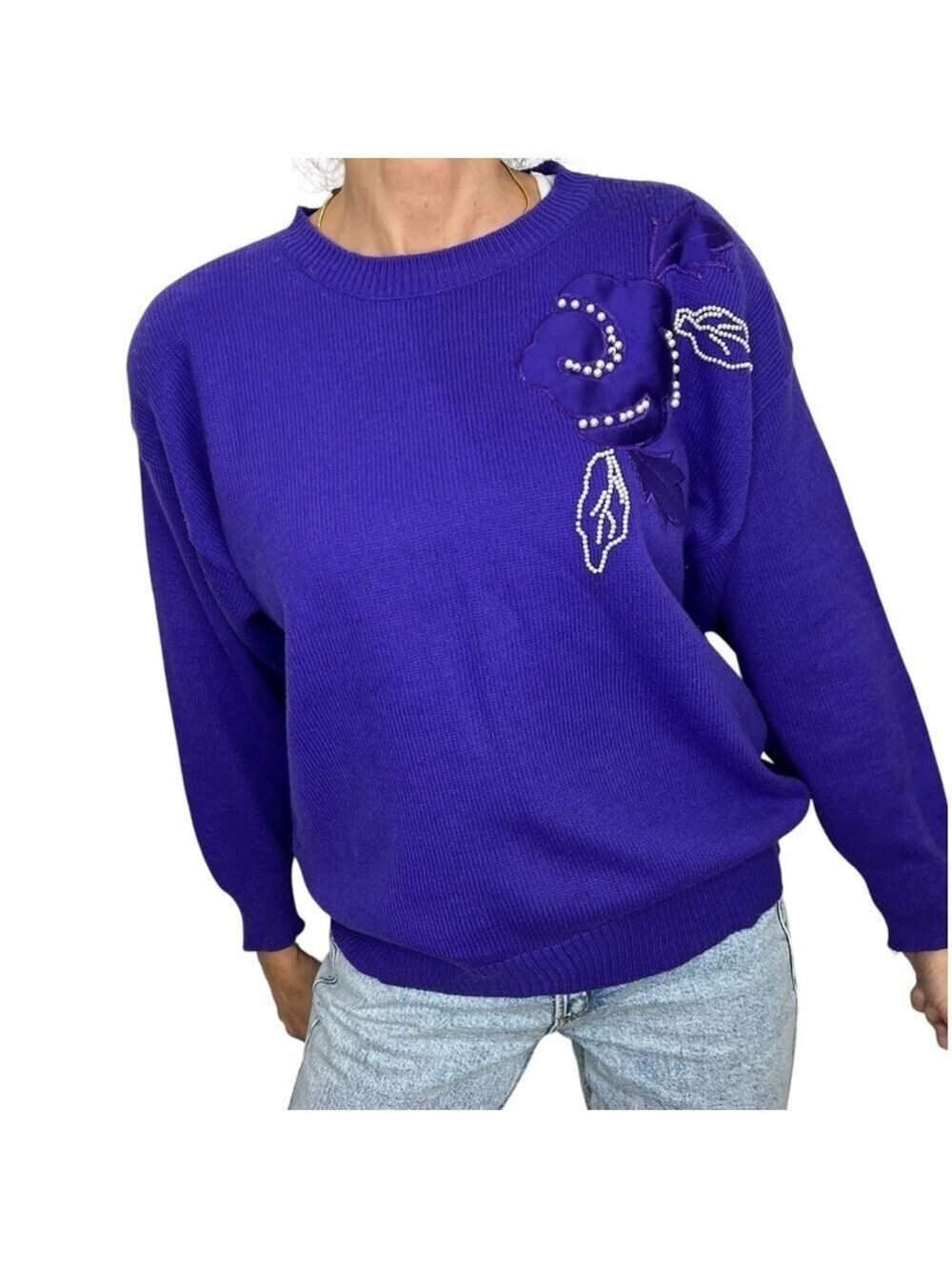 Vintage purple floral satin applique beaded pullover grandma sweater